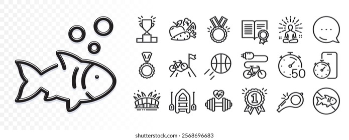 Yoga, Winner podium and Timer line icons for web app. Glare of light effect. Message icon. Pack of Honor, Vegetables, Diploma pictogram icons. Mountain bike, Stop fishing, Timer app signs. Vector