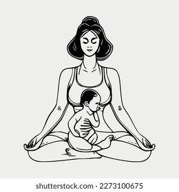 A yoga woman with a baby in her arms practices yoga. Simple colors freehand drawing, hatching, thin lines, flat design, logo, tattoo.