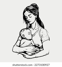 A yoga woman with a baby in her arms practices yoga. Simple colors freehand drawing, hatching, thin lines, flat design, logo, tattoo.