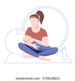 Yoga woman Is Breastfeeding A Baby in the gym. Cradle breastfeeding
position. Breastfeeding: foundation of life. Medical vector illustration Of Card For Mother'S Day. Breastfeeding mother holding baby