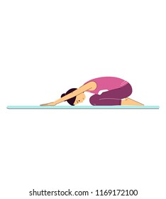 Yoga woman dark hair child’s pose pink purple fitness white background isolated vector illustration