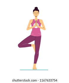 Yoga woman dark hair tree pose pink purple fitness white background isolated vector illustration