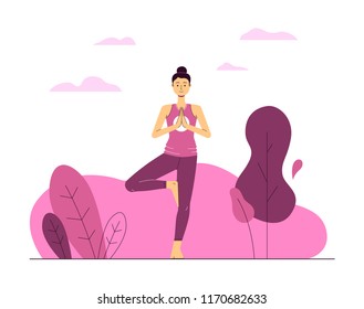 Yoga woman dark hair tree pose pink purple fitness vector illustration in trendy flat style