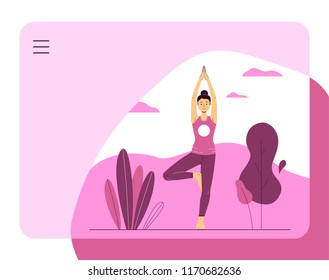 Yoga woman dark hair tree pose pink purple fitness vector illustration in trendy flat style for web design