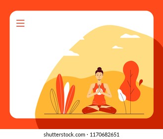 Yoga woman dark hair warrior pose red orange yellow fitness vector illustration in trendy flat style for web design