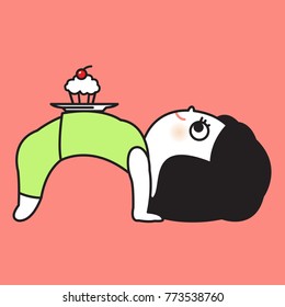 Yoga Woman Doing Bridge Pose With Plate Of Food On Her Belly Concept Card Character illustration