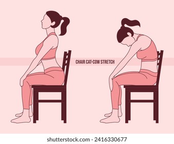 Yoga. Woman doing Yoga. chair cat cow stretch exercise. Flat vector illustration.