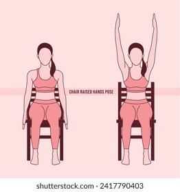 Yoga. Woman doing Chair raised hands pose. Flat vector illustration