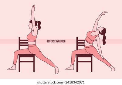 Yoga. Woman doing Chair reverse warrior exercise. Flat vector illustration