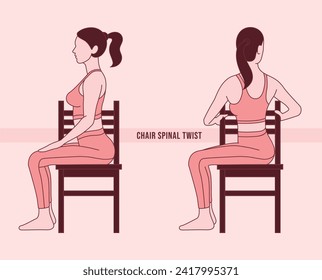 Yoga. Woman doing Chair spinal twist exercise. Flat vector illustration