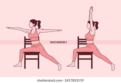 Yoga. Woman doing Chair warrior II exercise. Flat vector illustration