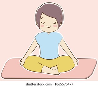 A yoga woman is doing the pose of the buddha