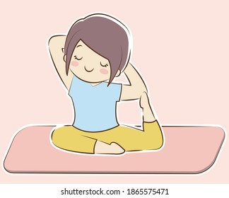 A yoga woman is doing the pose of the pigeon