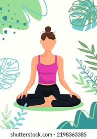 Yoga woman in faceless style with tropical plants. lotus pose is meditation practice. Vector illustration for wellness center or yoga studio