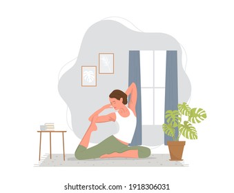 Yoga woman house. Girl practicing yoga at home. Vector illustration