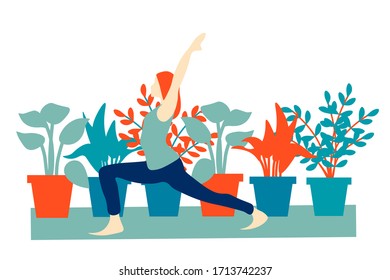 Yoga woman illustration. Aerobics exercise, physical and spiritual practice, houseplants in background. Vector illustration on transparent background. EPS 10.