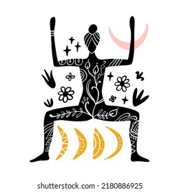 Yoga woman line art esoteric illustration, ethnic boho ornate icon, logo or label design