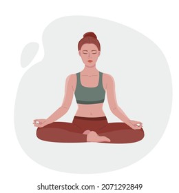 Yoga. Woman in lotus asana position. Breathing and meditation, calmness. Healthy lifestyle. Stock flat cartoon illustration on white background.