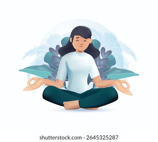 Yoga Woman in Lotus Pose 3D render vector illustration. Beautiful girl doing yoga illustration, international yoga day banner, background. Tranquil women with closed eyes meditate