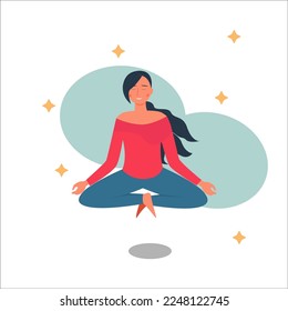 Mujer de yoga posando en loto. Mujer meditando. Ilustración vectorial plana.