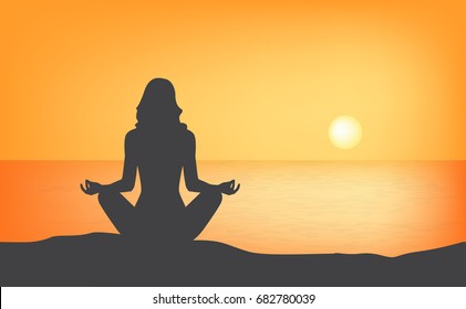 Yoga Woman Lotus Pose Silhouette Sunset Background