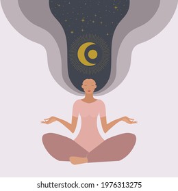 Yoga a woman in the lotus position communicates with the cosmos. The concept of relaxation, meditation, tantric medicine.