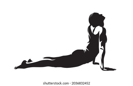 Yoga, woman making cobra pose, isolated vector silhouette, ink drawing