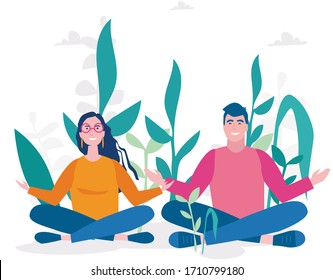 Yoga, woman and man in a yoga pose meditate. Vector illustration for web banner, infographics, mobile.  Yoga health benefits of the body and mind .