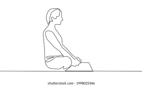 Yoga, mujer, hombre practica yoga estando sentado en la posición del loto. Dibujo continuo de líneas