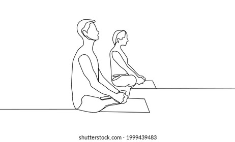 Yoga, woman, man practices yoga while sitting in the lotus position. Continuous line drawing