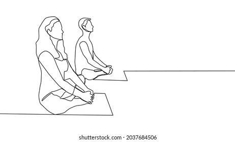 Yoga, woman, man practices yoga while sitting in the lotus position. Continuous line drawing