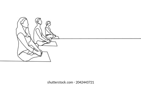 Yoga, woman, man practices yoga while sitting in the lotus position. Continuous line drawing
