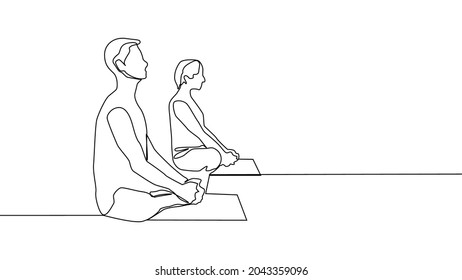 Yoga, woman, man practices yoga while sitting in the lotus position. Continuous line drawing