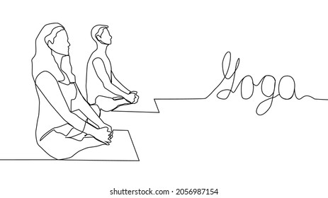 Yoga, woman, man practices yoga while sitting in the lotus position. Continuous line drawing