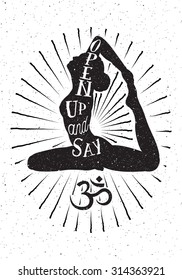 Yoga woman and OM symbol.Hand drawn vector illustration.Inspired typography poster.