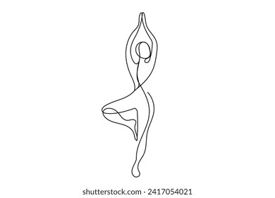 Yoga Woman One Line Drawn Icon. Yoga Sport Fitness Class Logo Symbol Isolated On White Background. Yoga Tree Pose Outline Woman Body Symbol for Fitness Center Advertising Flyer, Card, Invitation