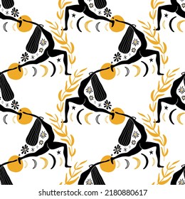 Yoga woman ornament silhouette, boho seamless pattern, sacred magic woman meditation mystical symbols, modern abstract style.