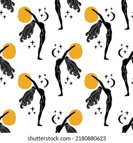 Yoga woman ornament silhouette, boho seamless pattern, sacred magic woman meditation mystical symbols, modern abstract style.