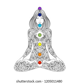 Yoga. Woman ornate silhouette sitting in lotus pose over ornamental flower, ethnic art. Meditation, kundalini, tantra, ayurveda, aura and chakras. Vector illustration. Isolated on white.