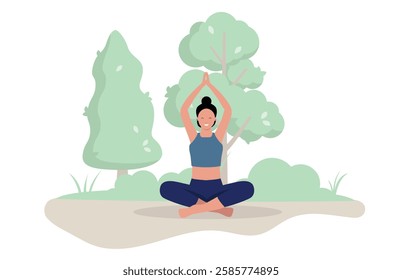 Yoga woman outdoors - Female person in park or nature forest meditating, stretching or doing yoga practice in peaceful calm setting. Flat design vector illustration graphic on white background