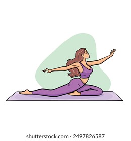 Yoga, woman in pigeon pose, stretching, cartoon style