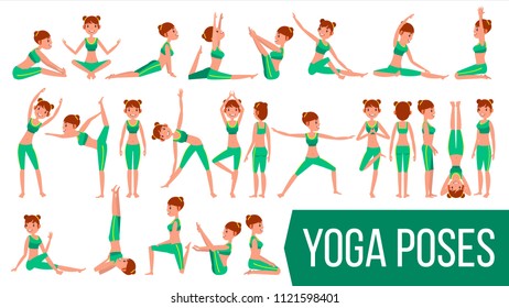 Yoga Woman Poses Set Vector. Relaxation And Meditation. Stretching And Twisting. Practicing. Body In Different Poses. Cartoon Character Illustration