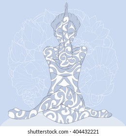 Yoga woman praying pose with floral background. Hand drawn vector illustration