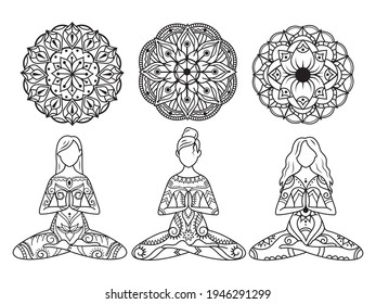 Yoga woman set. Collection of meditating girls in the lotus position. Meditation. Lotus flower mandala set. Vector illustration isolated on white background.