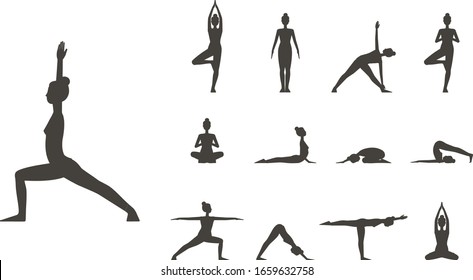 Yoga Woman Set. Warrior Pose, Triangle, Lotus, Cobra, Child, Plow, Tree,  Mountain, Downward Facing Dog. Vector Flat Illustration On White Background 