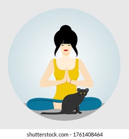 Yoga. Woman sits in a lotus position, cross-legged and meditating. Next to the woman sits a cat. vector illustration.