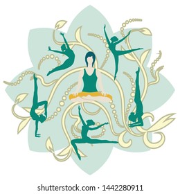 Yoga. A woman sitting in an asana pose surrounded by silhouettes of girls - floral ornament - isolated on white background - vector.Baner, brochure, poster design.