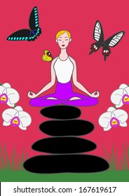 yoga woman sitting on zen stones with butterflies and orchids.