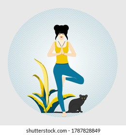 Yoga. Woman standing in tree pose yoga position and meditating. Next to woman sits cat. vector illustration.