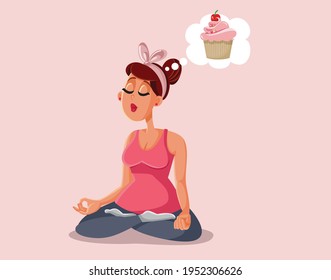 Yoga Woman Thinking Of A Cupcake Dessert Vector Cartoon. Funny Person Exercising While Hungry Craving For A Sweet Dessert Snack 
